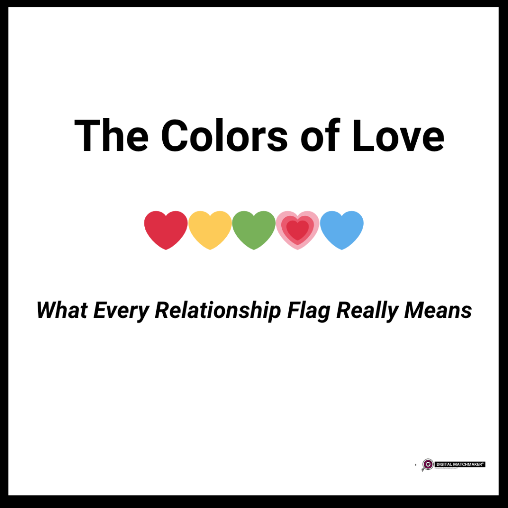 The Colors of Love — red, yellow, green, pink, and blue hearts representing relationship flag meanings for dating and modern love, by Julie Spira, The Digital Matchmaker®